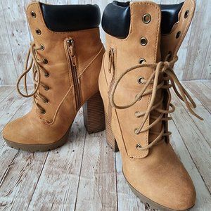 Charlotte Russe Tan Lace-Up Chunky Heel Ankle Boots with Black Cuff